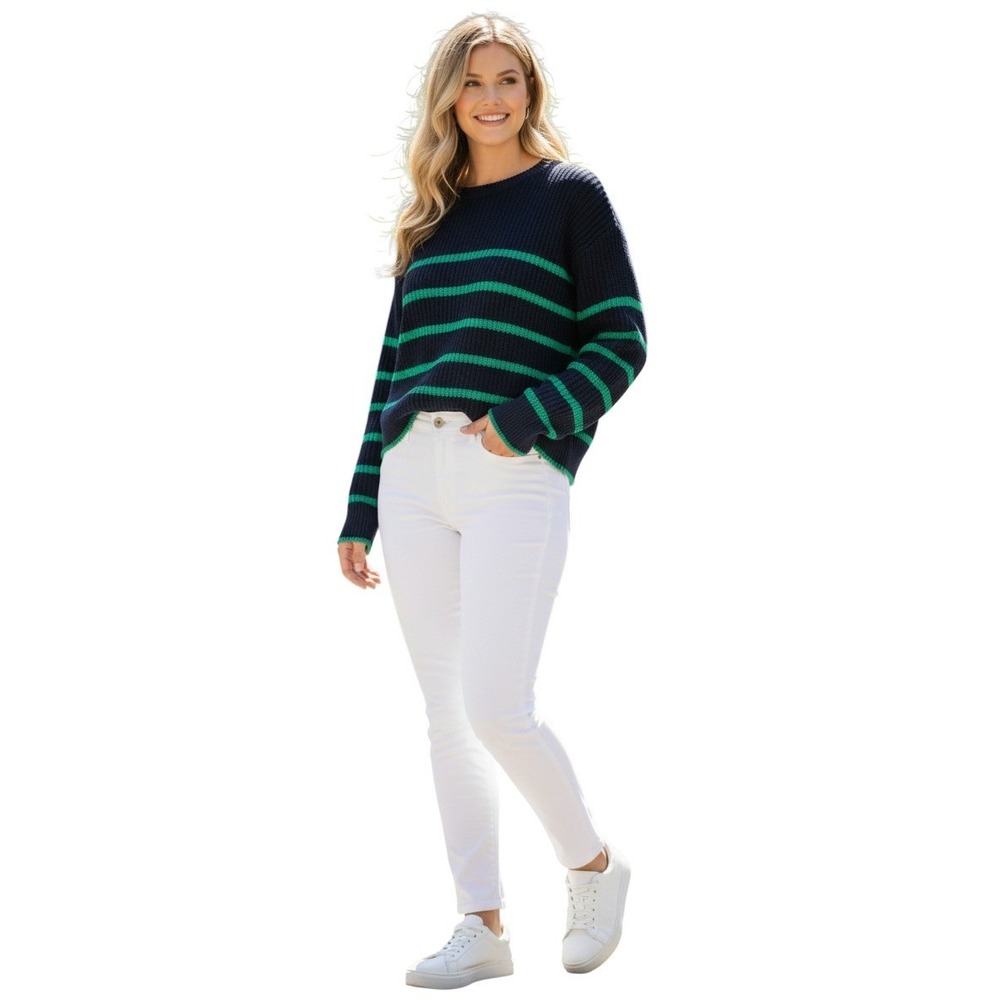 GAP NWT Navy Green Striped 100% Cotton Crewneck Sweater L Pullover Relaxed Fit